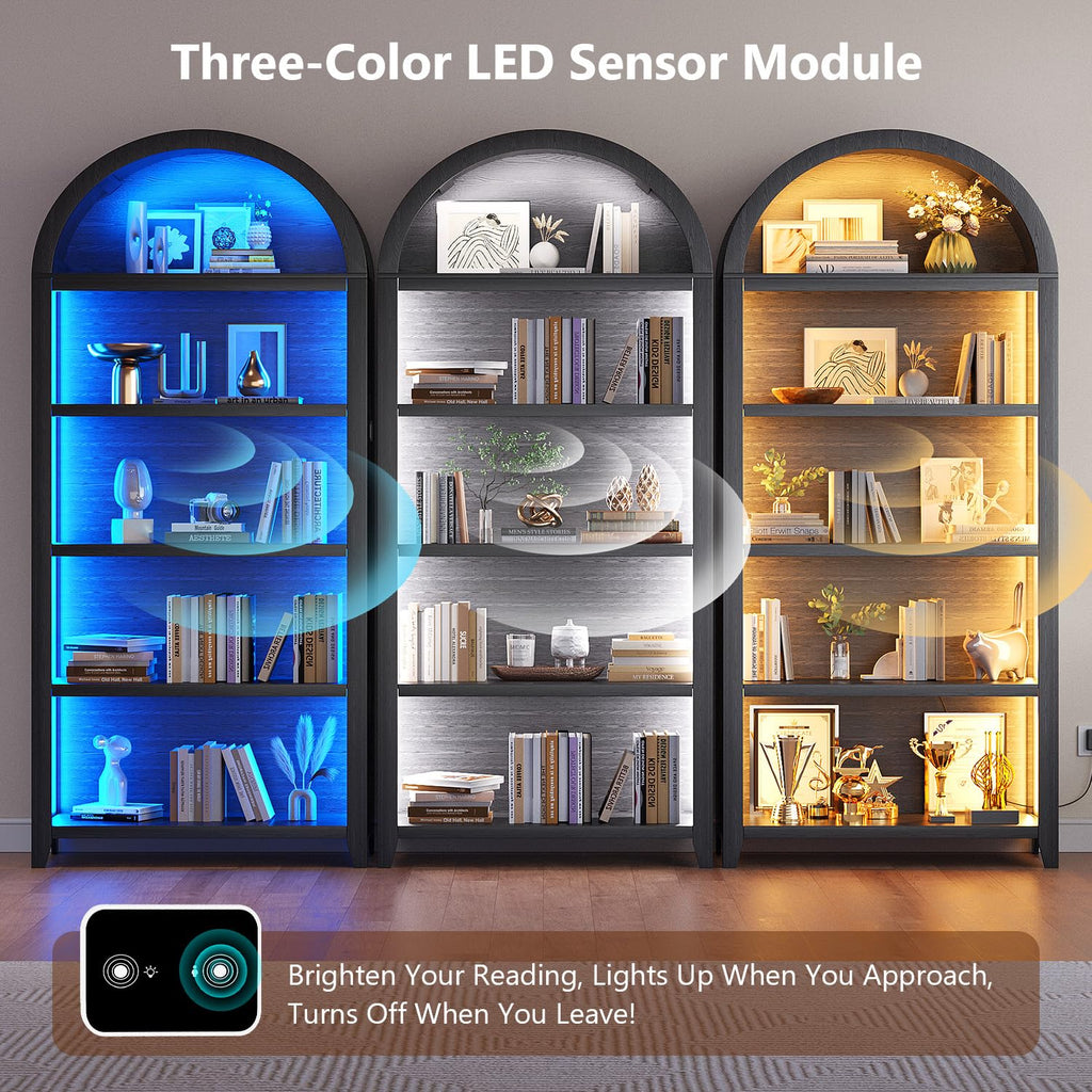 5-Tier Arched Bookcase with 3-Color Lights & Motion Sensor, Black
