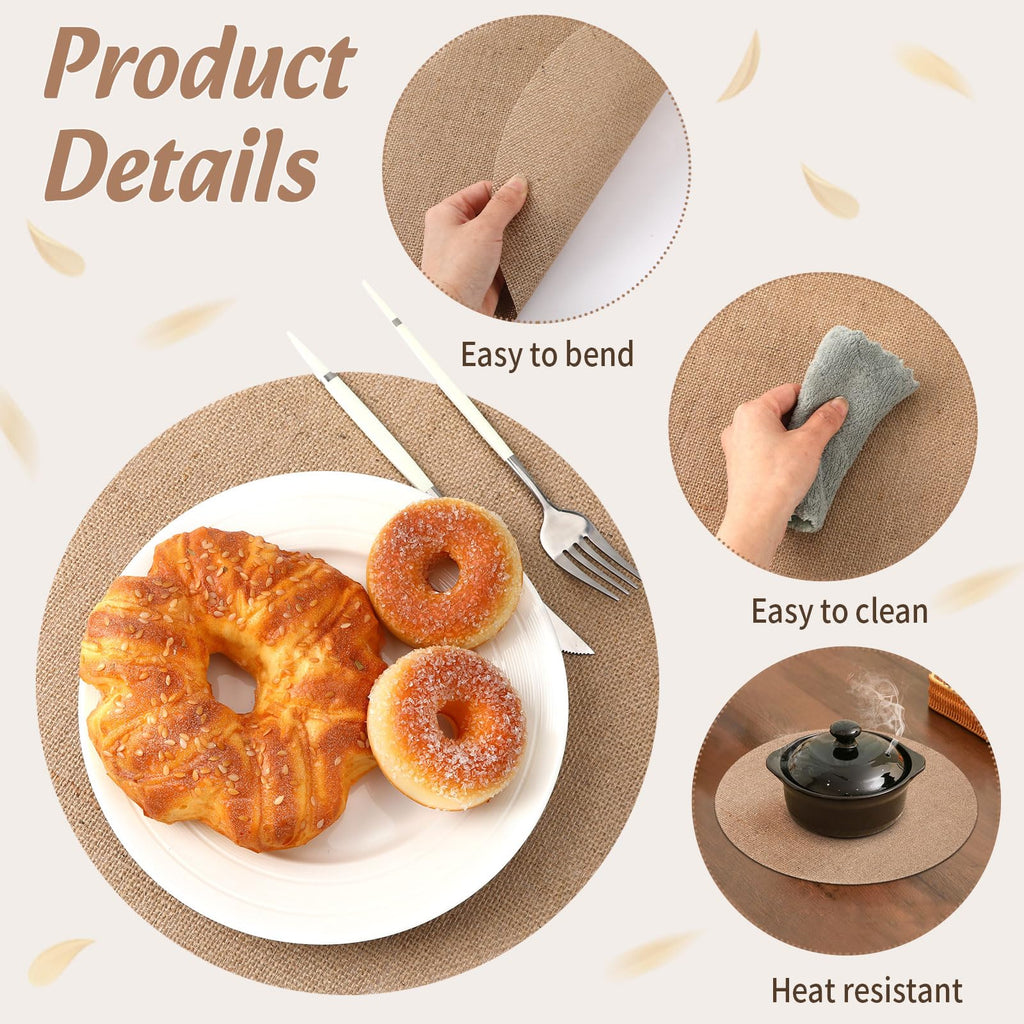 24 Pcs 11.8 Inch Burlap Round Placemats Bulk, Natural Table Mats