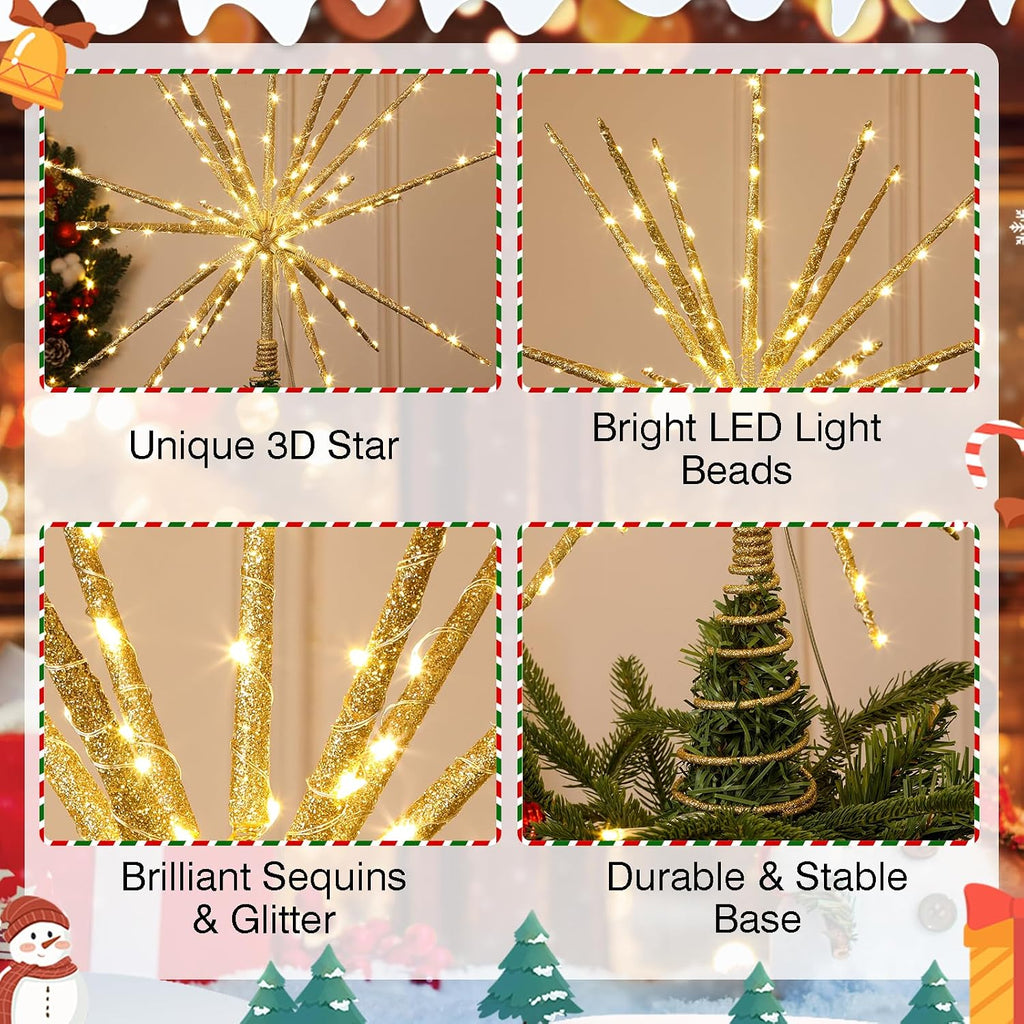 15 Inch Starburst Christmas Star Tree Topper with 150 Lights & Remote, Gold