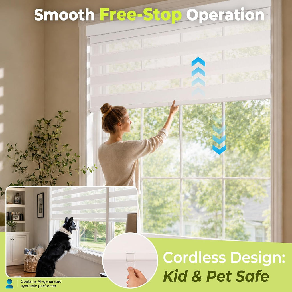 Cordless Zebra Blinds for Windows, Home Office, White, 36" W x 64" H | Dual-Layer Light Control Window Blinds For Day