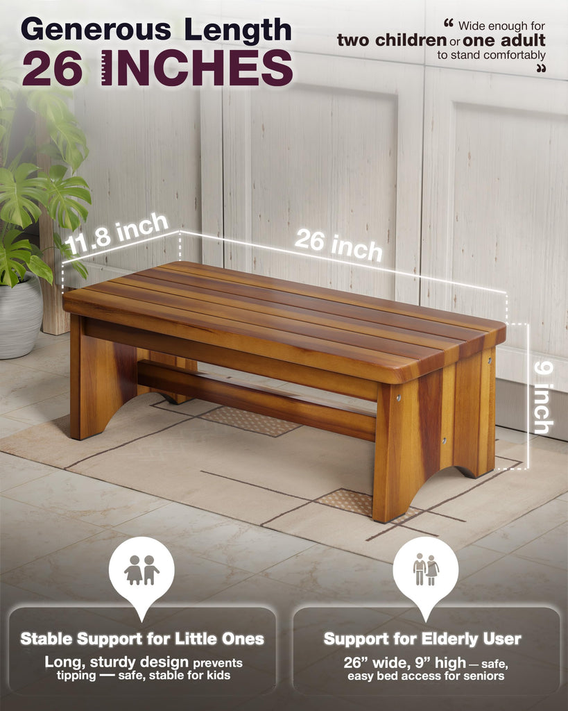 Extra Wide 26in Wooden Step Stool, Heavy Duty, Holds Up to 375 lbs