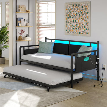 Daybed with Charging Station and LED Lights, Twin Daybed with Trundle, Metal Bed Frame with Steel Slat Support