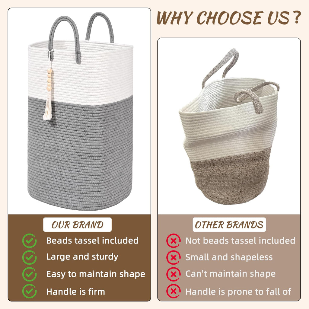 Woven Laundry Basket for Clothes, 65L Large Rectangle Laundry Hampers with Beads Tassel, Nursery Storage Basket for