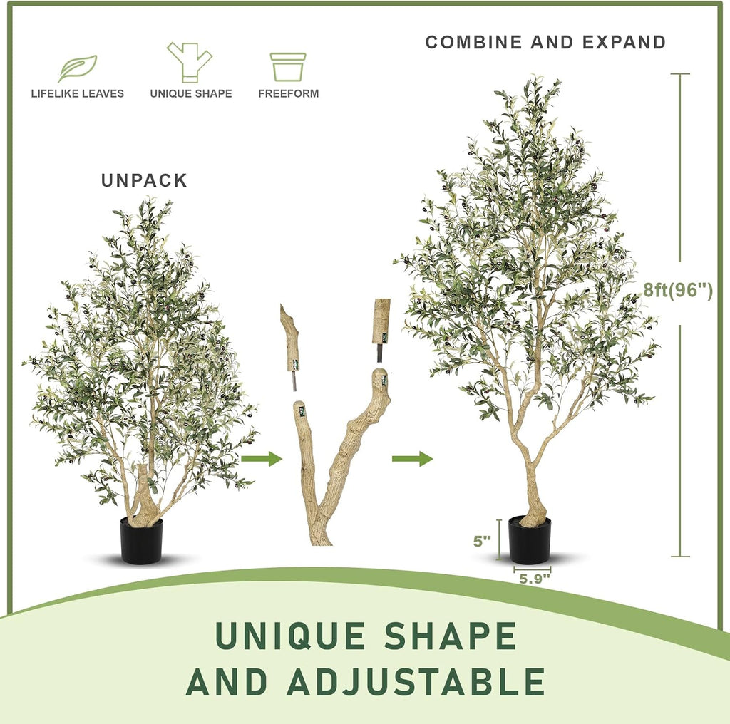 Faux Olive Tree 8ft with Large Olive Branches and Lifelike Olive
