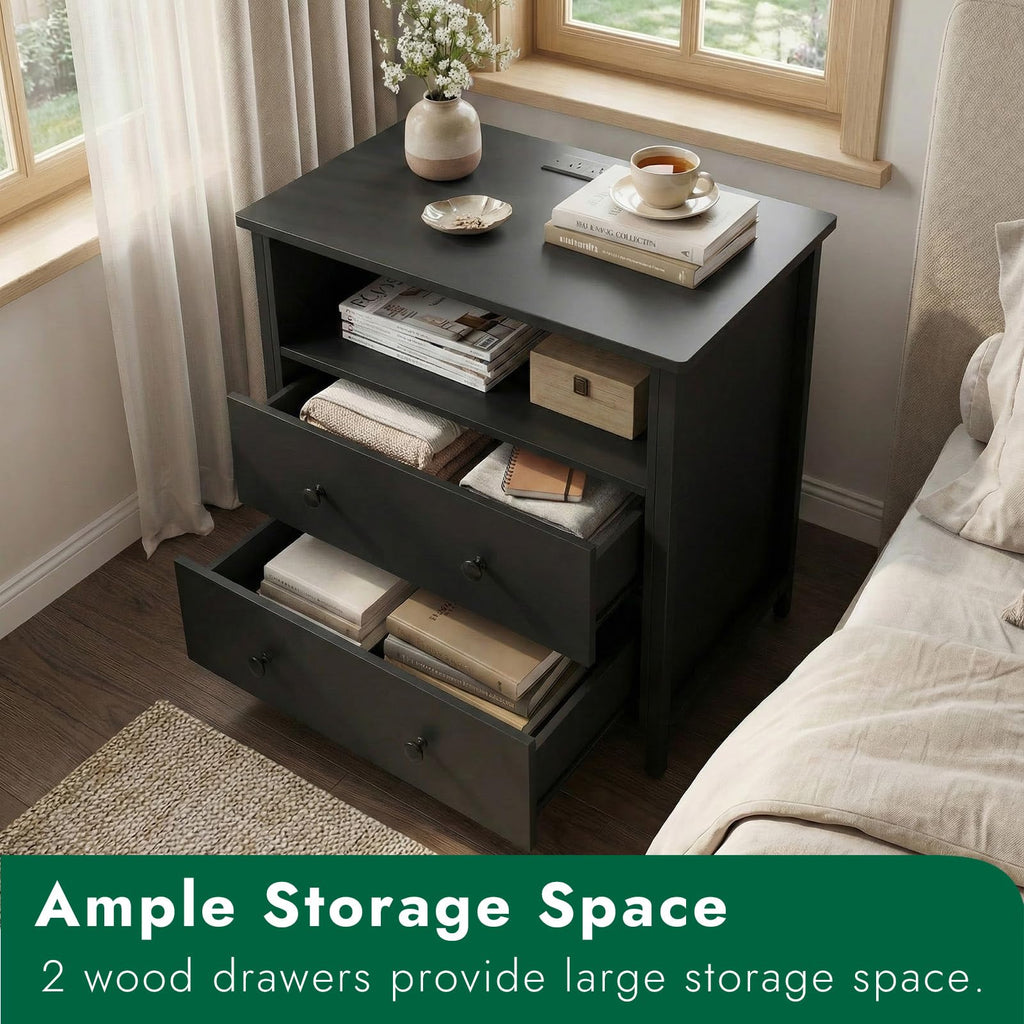 27 Inch LED Nightstand with Charging Station & 2 Drawers, Black