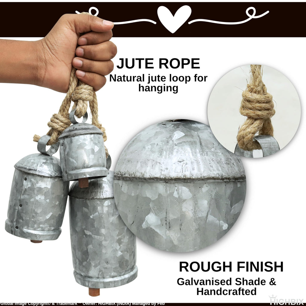 Set of 3 Medium Galvanized Metal Hanging Cow Bells Rustic Farmhouse Vintage-Style Cowbells with Jute Rope for Wall