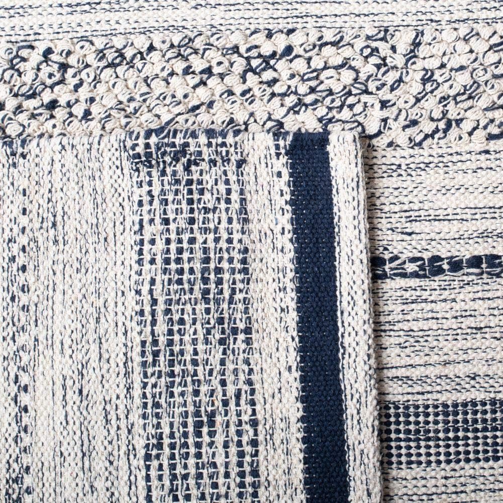 Area Rug - Striped Kilim Collection - Large - Ivory & Navy, Handmade Flat Weave Cotton, Ideal, Dining Space