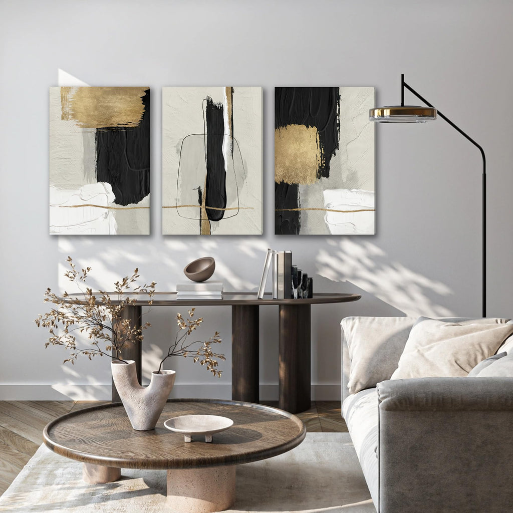 Abstract Brushstrokes Canvas Wall Art Black White Gold 16x24 inch x3