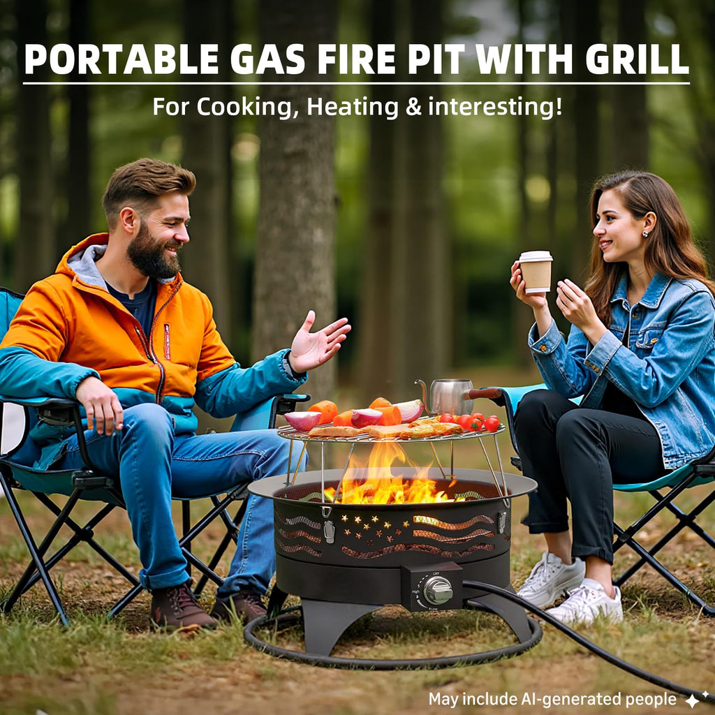 24 Inch Portable Propane Fire Pit with Grill and Adjustable Flame