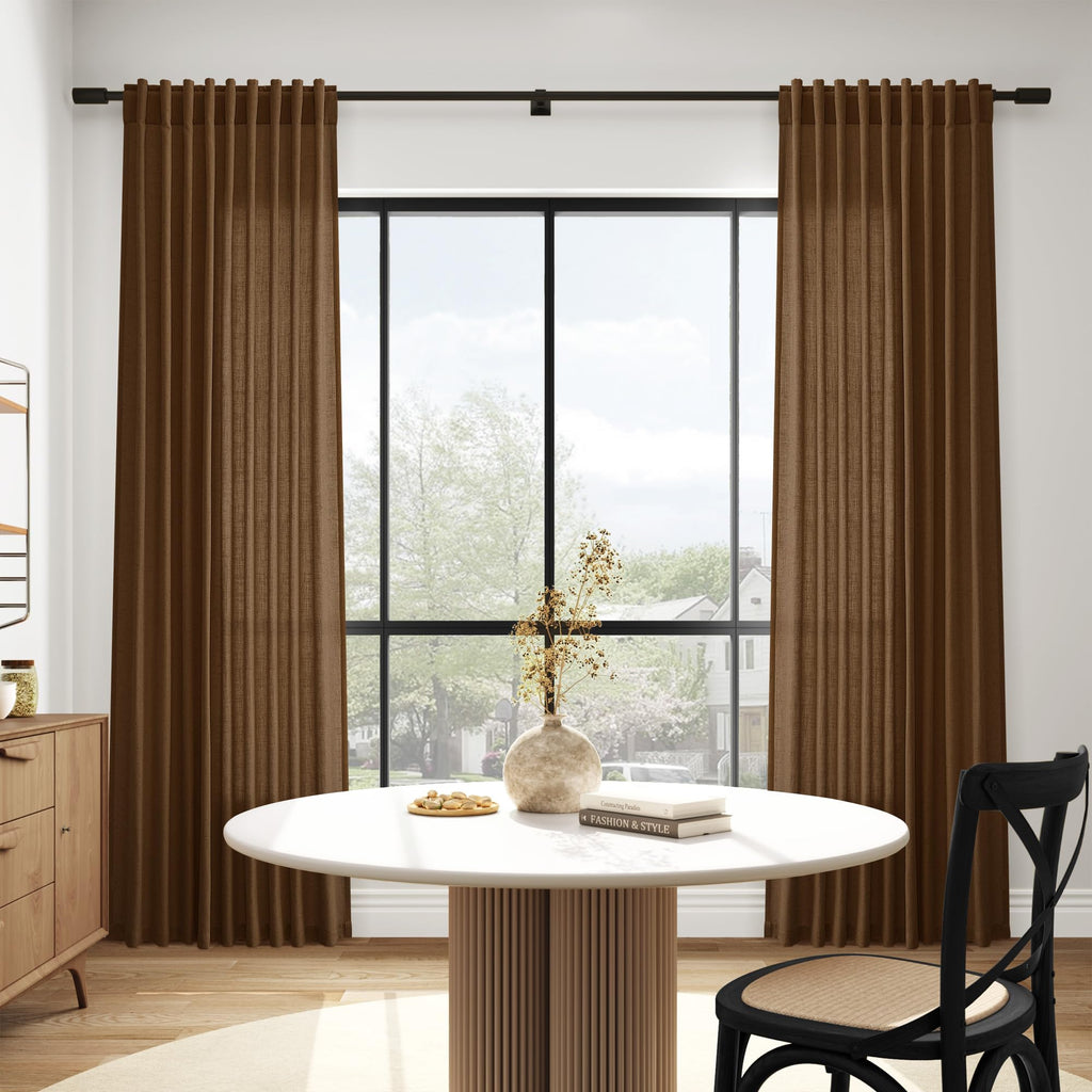 Tobacco Brown Linen Curtains 96 Inches Long Rod Back Tab Vintage Rustic Farmhouse Cotton Textured Light Filtering