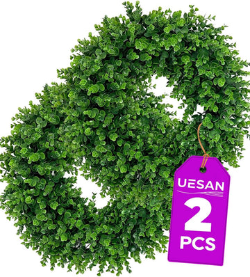 24" Artificial Boxwood Wreaths for Front Door, Aux Round Boxwood Wreath, All Season Indoor Outdoor Decoration - Set of 2
