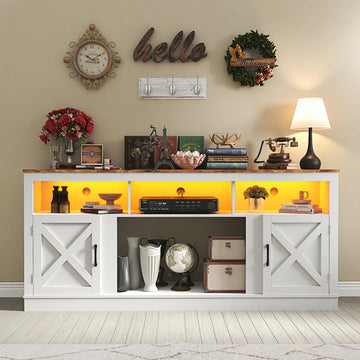 Farmhouse TV Stand for 70/75/80 Inch TV, 32"Tall Entertainment Center w/LED Light, Large Media Console Cabinet w/Barn