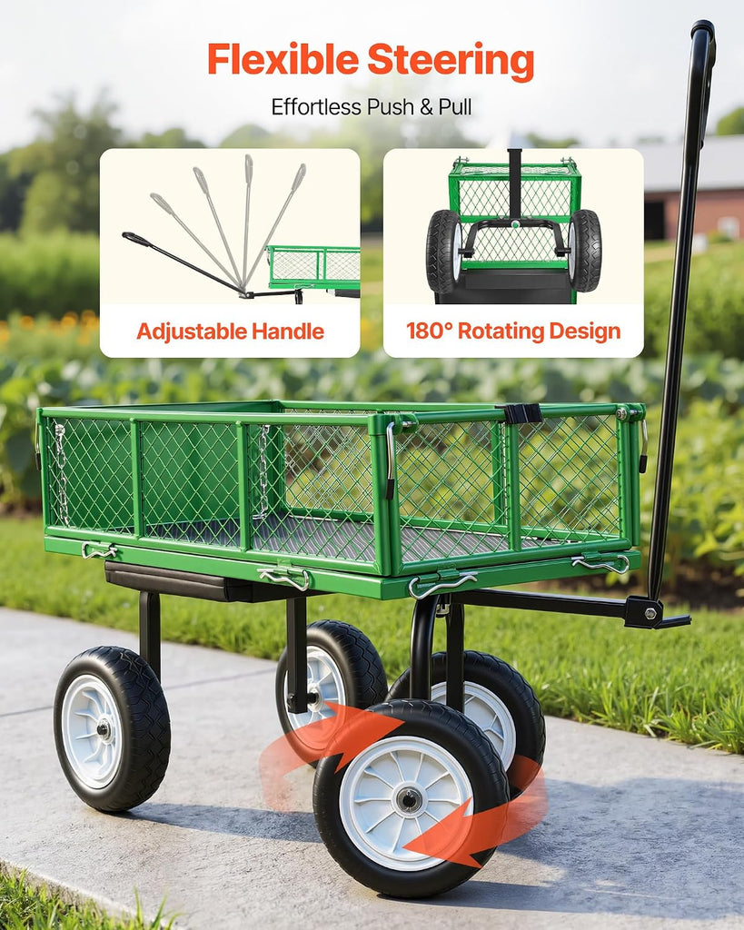 500 LBS Steel Garden Cart with Work Seat, Heavy Duty Garden Wagon Cart on Wheels, Outdoor Metal Utility Yard Wagon
