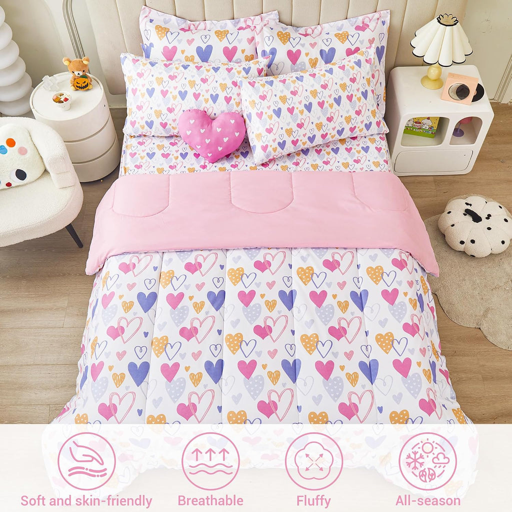 Full Comforter Sets for Girls Kids, 8 Pieces Bed in a Bag Pink Heart Bedding Comforter Sheet Set with Shams and