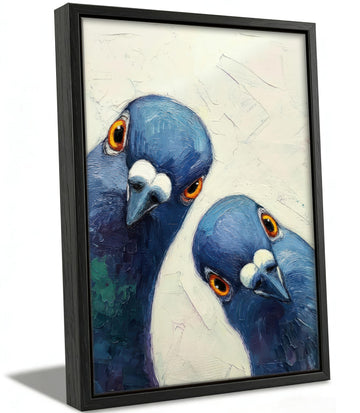 Framed Whimsical Pigeon Wall Art, Blue Birds Oil Painting Canvas Prints, Funny Bird Portrait Wall Decor, Modern