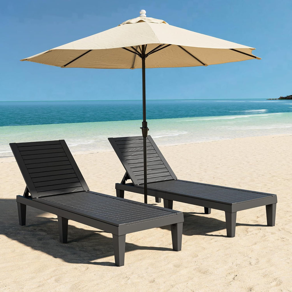 Outdoor Lounge Chairs Set of 2, 5-Position Adjustable Tanning Chairs with Wood Grain, All-Weather Res Recliners for
