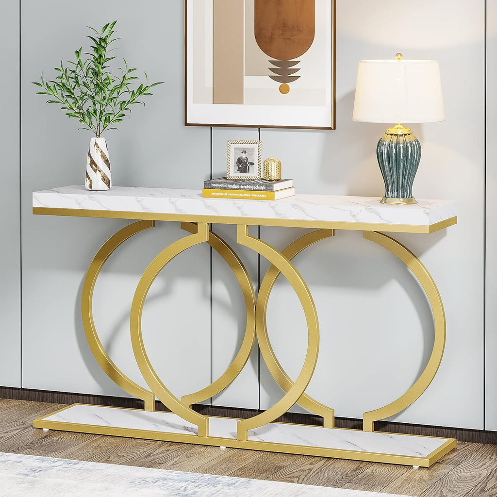 Gold Console Table, 55 inch Modern Entryway Table with Geometric Metal Frame, Faux Marble Narrow Long Sofa Table