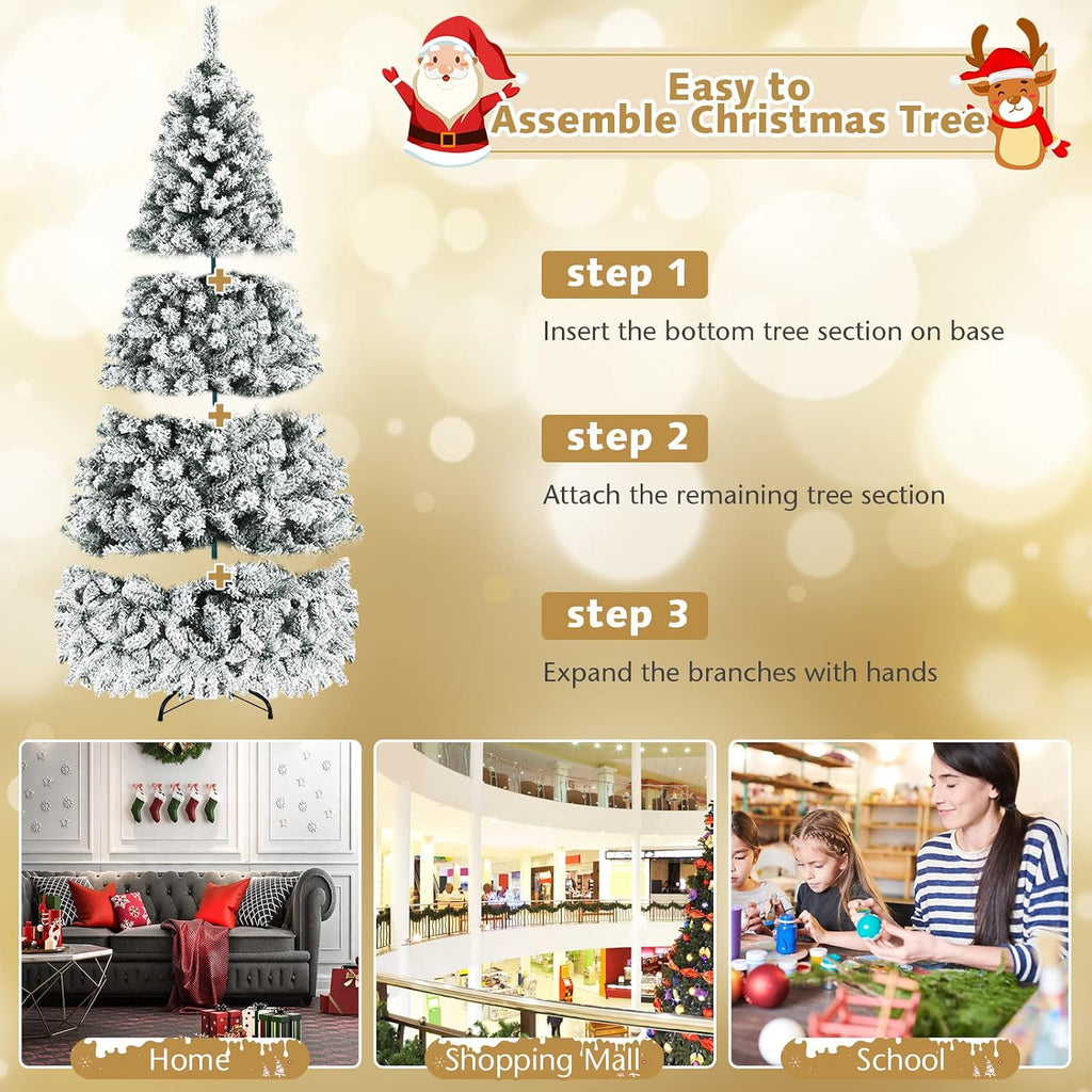 Pre-lit Snow Flocked Artificial Christmas Tree w/ 1498 PVC Branch Tips, Pre-Strung 550 Warm White Led Lights