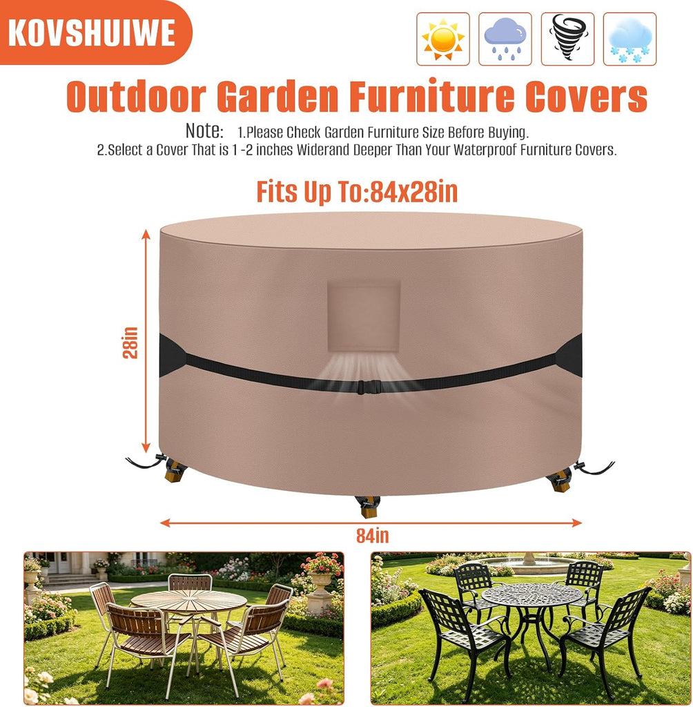 Round Patio Table Cover 84" DIAx28 H, 600D Waterproof, Khaki | 600D Tear Resistant for Outdoor Dining Table and