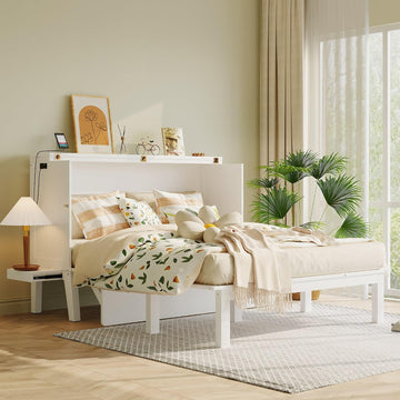 Foldable Murphy Cabinet Bed with Removable Shelves on Each Side and Desk, Queen Wood Murphy Bed with USB Port for