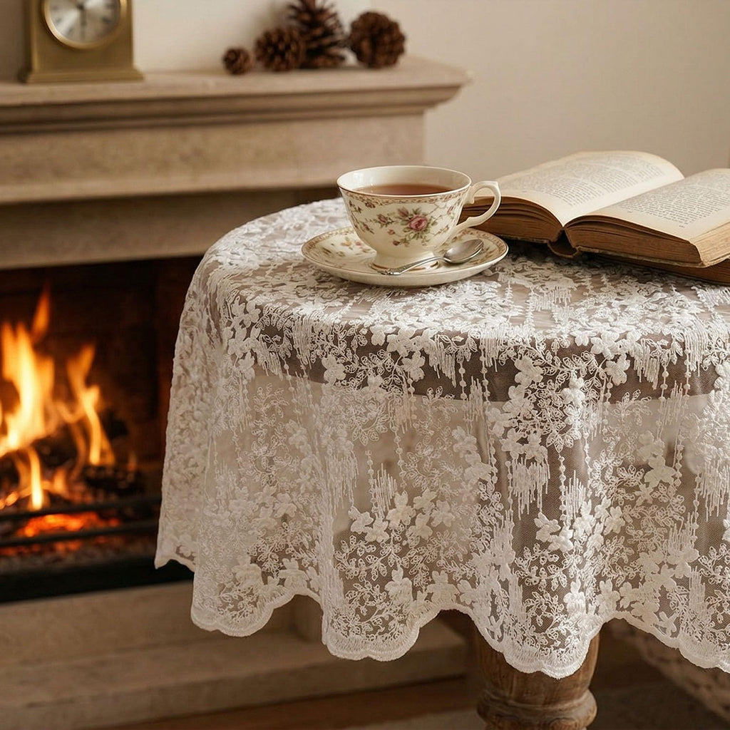 French Embroidery Lace Tablecloth - Rectangular for Coffee Tables, Vintage Beige Lace Table Cover, P