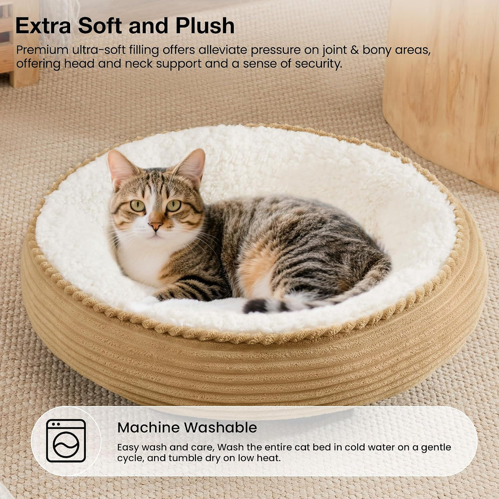 Round Donut Cat and Dog Cushion Bed, 20in Pet Bed for Cats or Small Dogs, Anti-Slip & Water-Resistant Bottom, Super