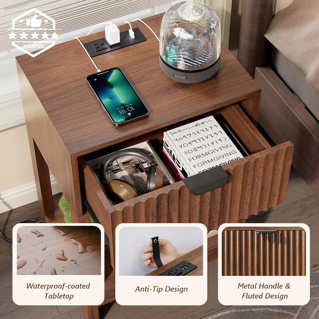 Night Stand Set 2, Fluted Nightstand with Charging Station, Wood Bedside Table with Drawer & Storage Shelf, Modern