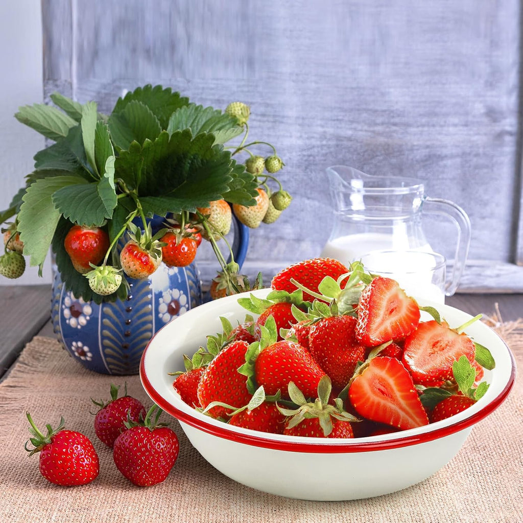 3 Pack 8 Inch Enamel Bowl, 34 Oz Large Enamel Mixing Bowl Reusable Enamel Salad Bowl, Vintage Red and White