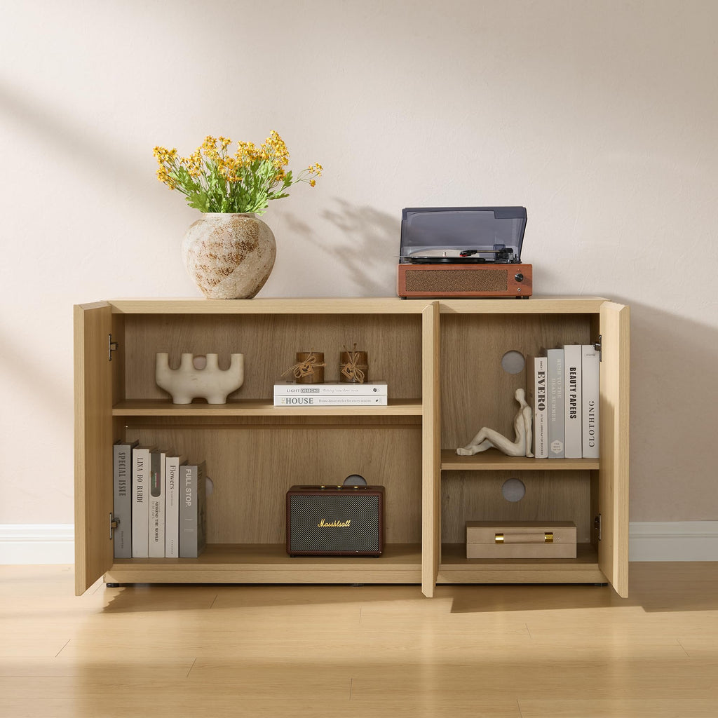 46.96" TV Stand, Fluted Mid-Century Modern 3 Doors, Light Oak