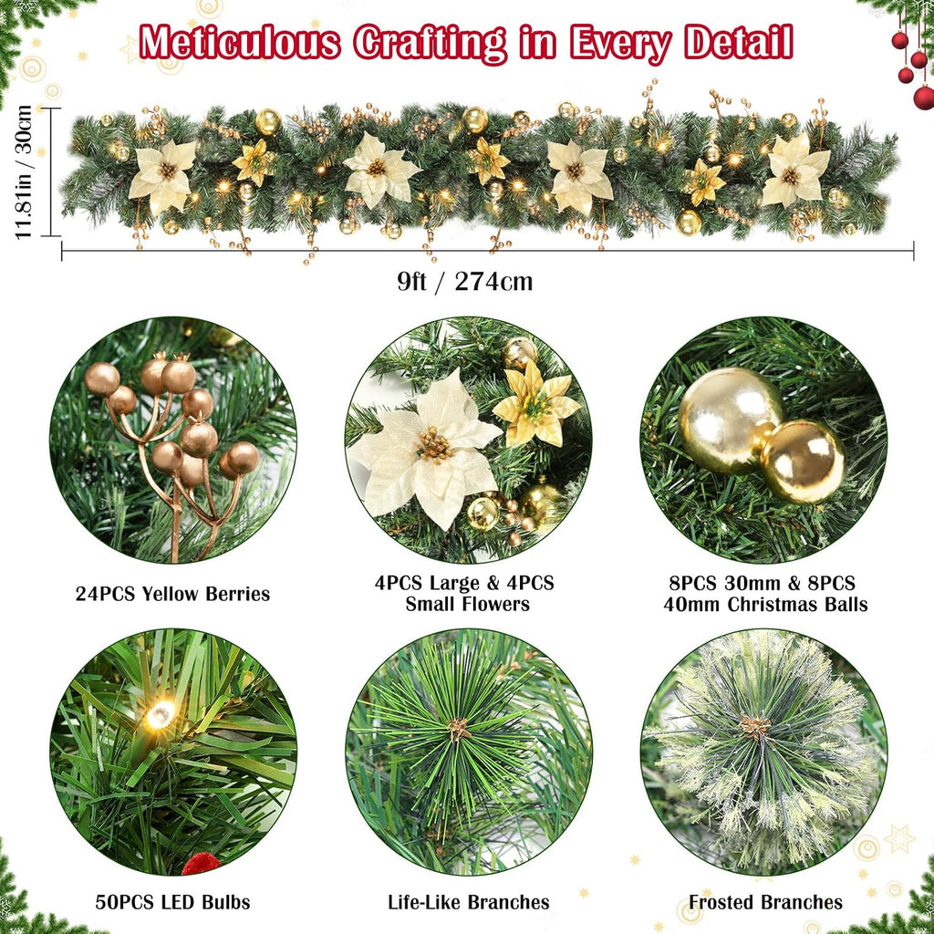 9FT Prelit Christmas Garland for Mantle, Gold Poinsettia, 50 LED