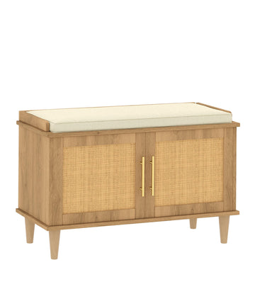 31.5" Rattan Shoe Storage Bench 2 Doors Wooden Entryway Bench Oak