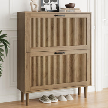 Shoe Cabinet with 2 Flip Drawers, 31.5" Hidden Shoe Storage Cabinet with Small Fluted Doors, Freestanding Shoe