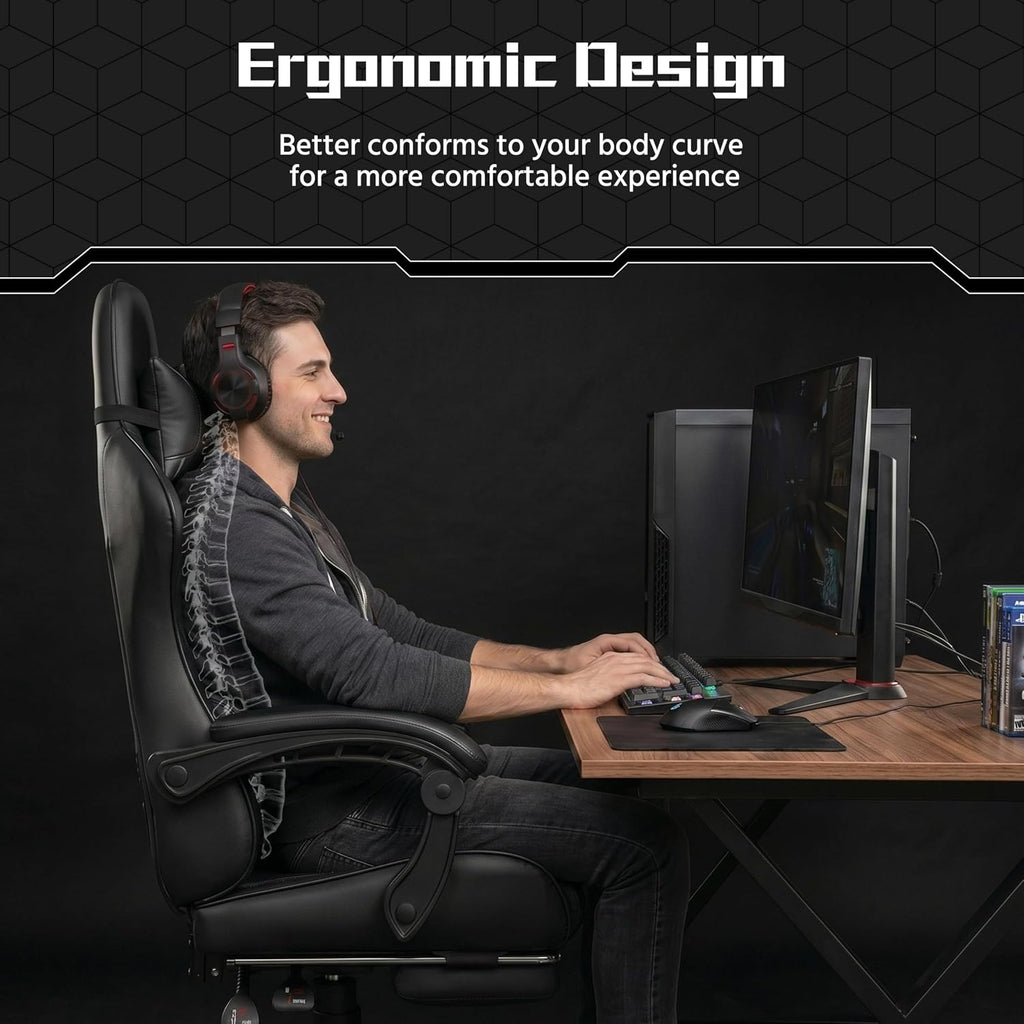Gaming Chair with Footrest Massage Lumbar Pillow Reclining Black | Foam-padded PU leather racing seat and plush