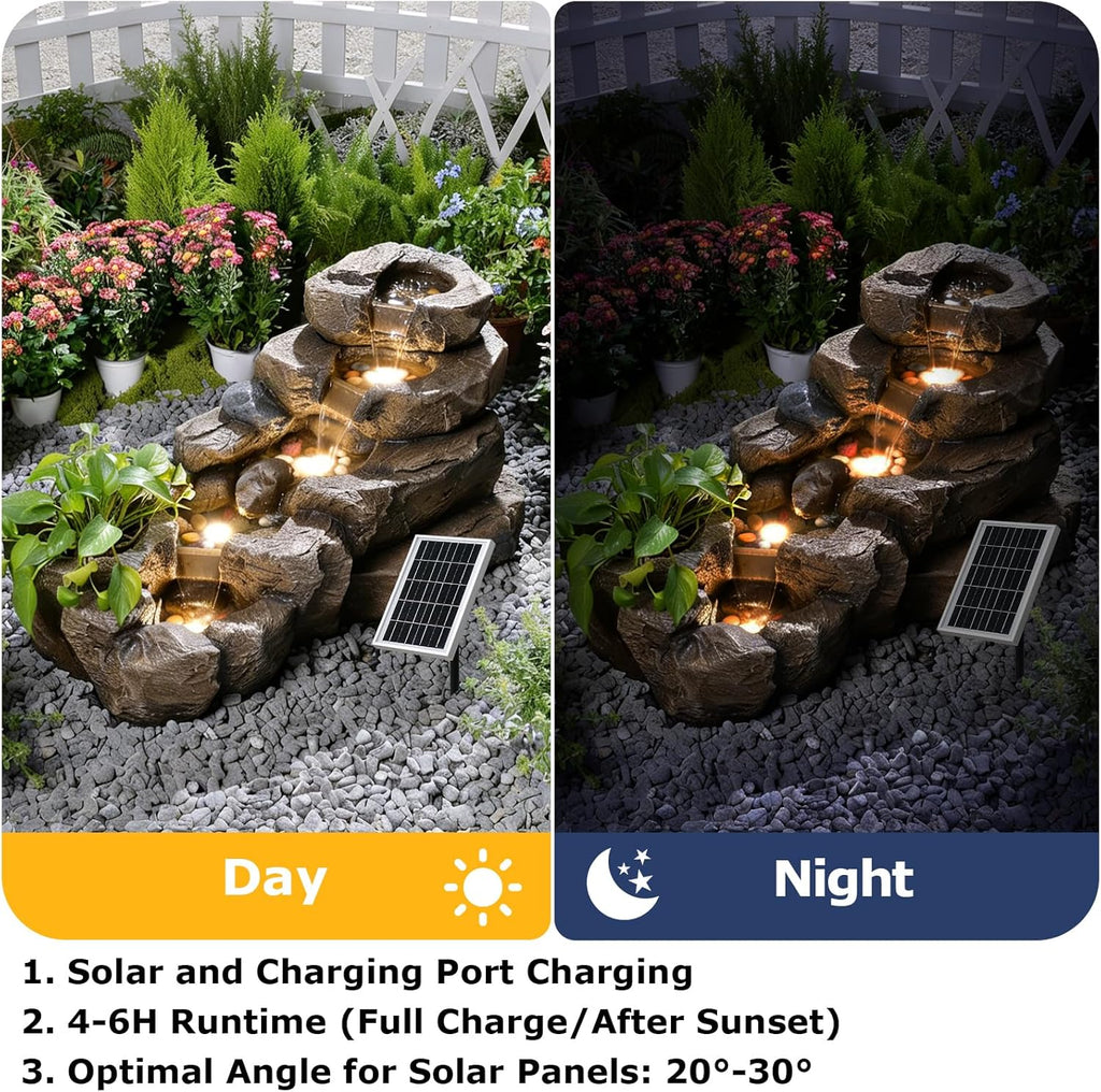 38.2" L Solar Water Fountain Outdoor,5-Tier Rock Waterfall Fountains Solar Powered Floor Standing Outdoor Water