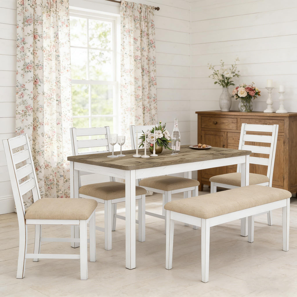 6 Piece Farmhouse Dining Table Set with 4 Chairs and 1 Bench