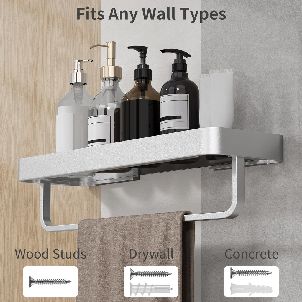 16 Inch Long Floating Bathroom Shelf with Towel Bar, Clear Tempered Glass Wall Shelf with Hand Towel Holder Storage