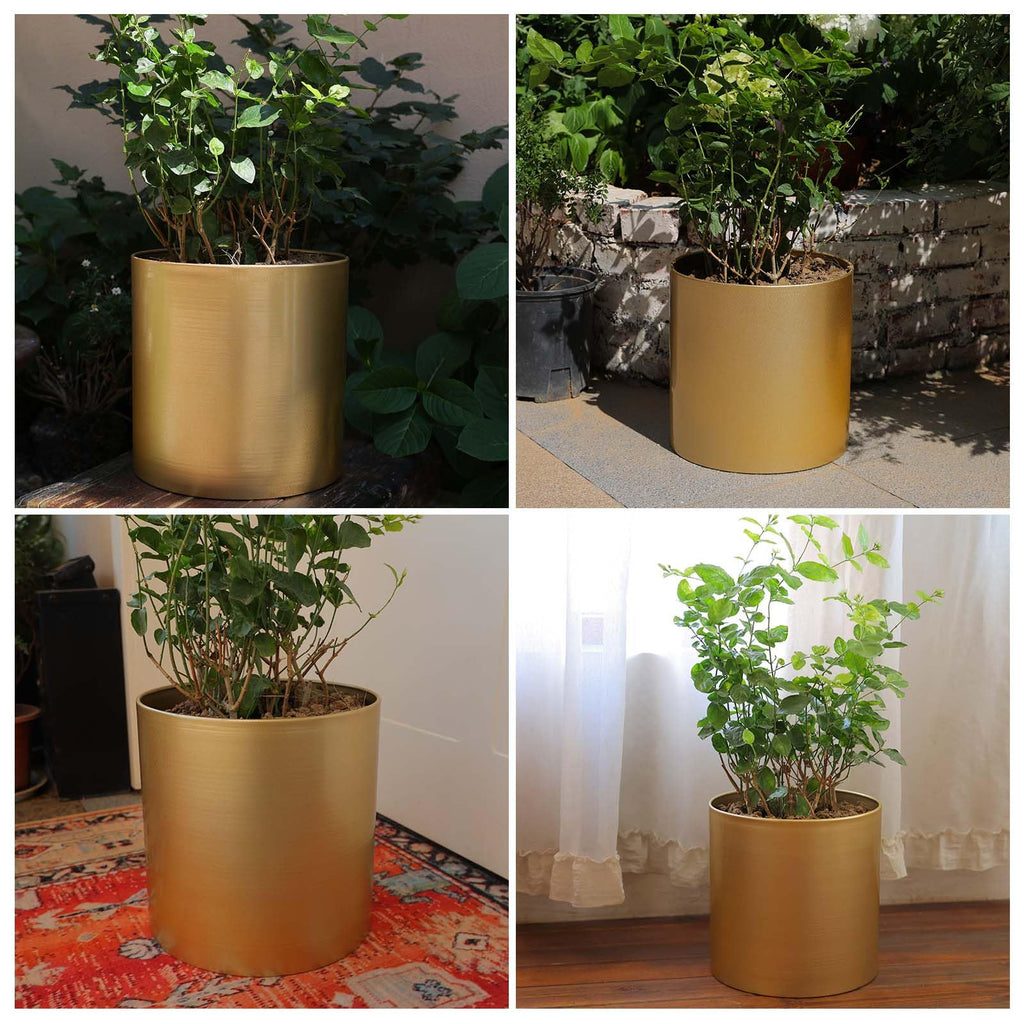 10 Inch Gold Metal Plant Pot with Drainage Hole, Indoor Outdoor