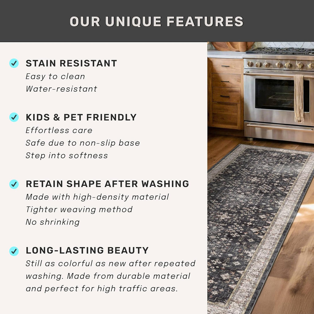 Black Washable 10ft Long Runners for Hallways, 2'6"x10' Wide Kitchen Runner Rug, Entryway Indoor Rug