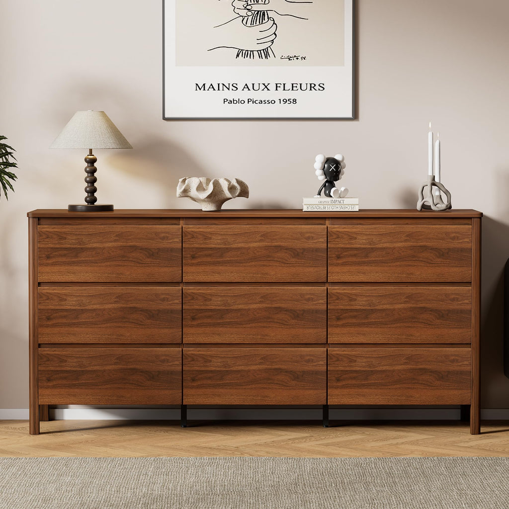 63" Wide 9 Drawer Wood Dresser with Legs, Walnut