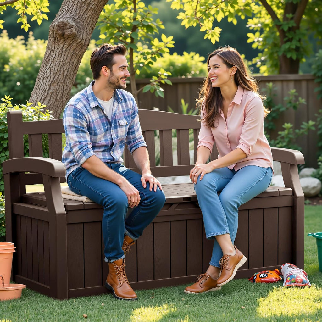 80 Gallon Storage Bench, Deck Box with Seat Waterproof All-Weather | Lockable Heavy-Duty Chest Box with Seating Bench