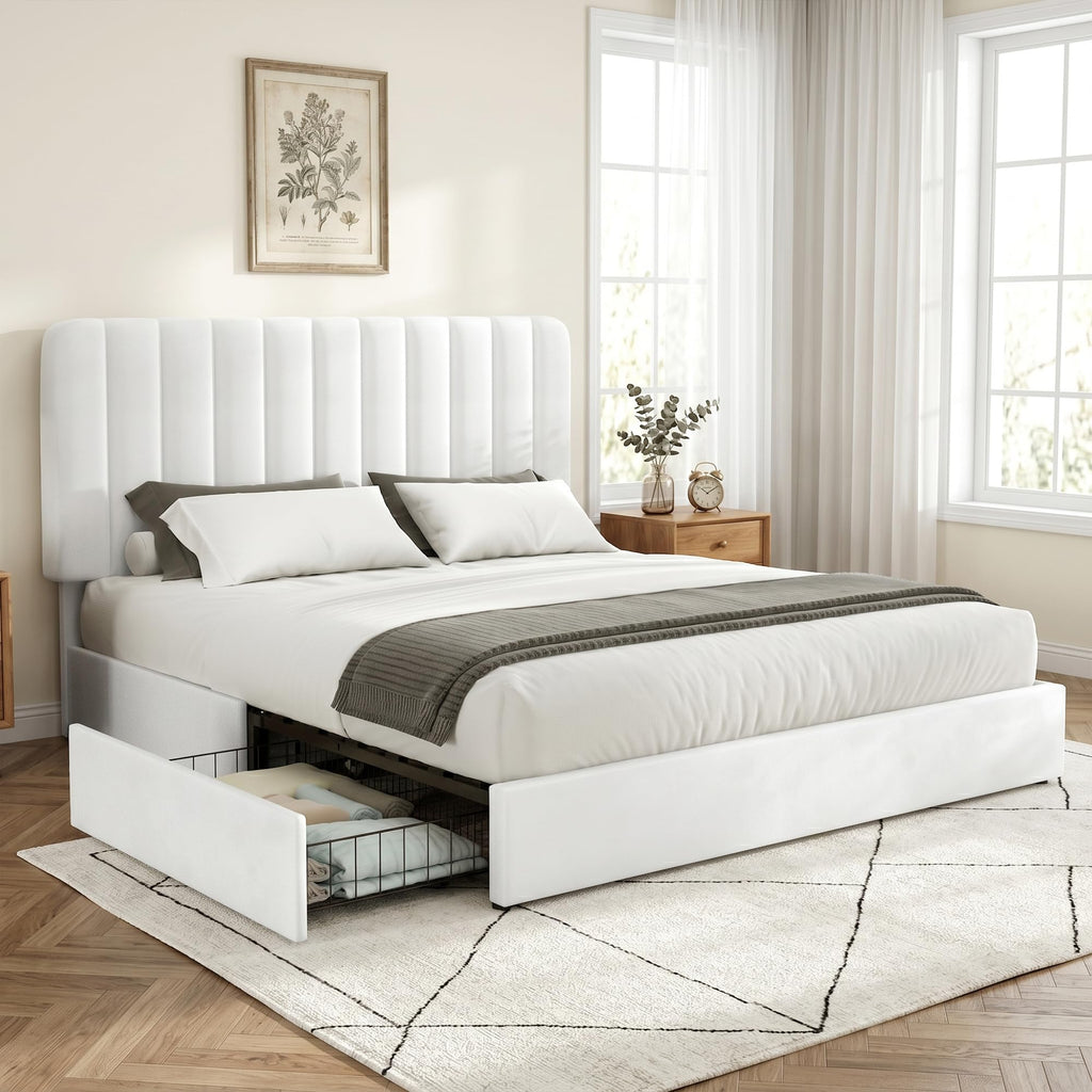 Full Size Upholstered Bed Frame with 4 Drawers and Headboard, Velvet Platform Storage Bedframe, Wooden Slats Support