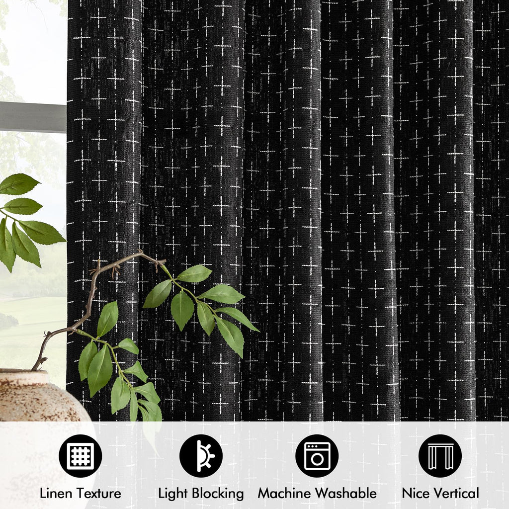 Patterned Farmhouse Linen Curtains, Back Tab, 52Wx90L, Black