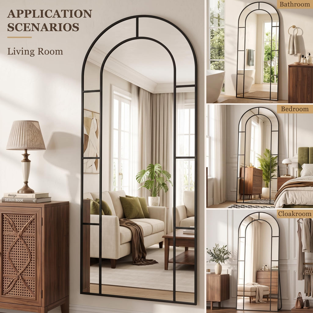 58" x 21" Full Length Mirror, Floor Mirror Arched Window Decorative Mirror, Metal Framed Decor Farmhouse Floor