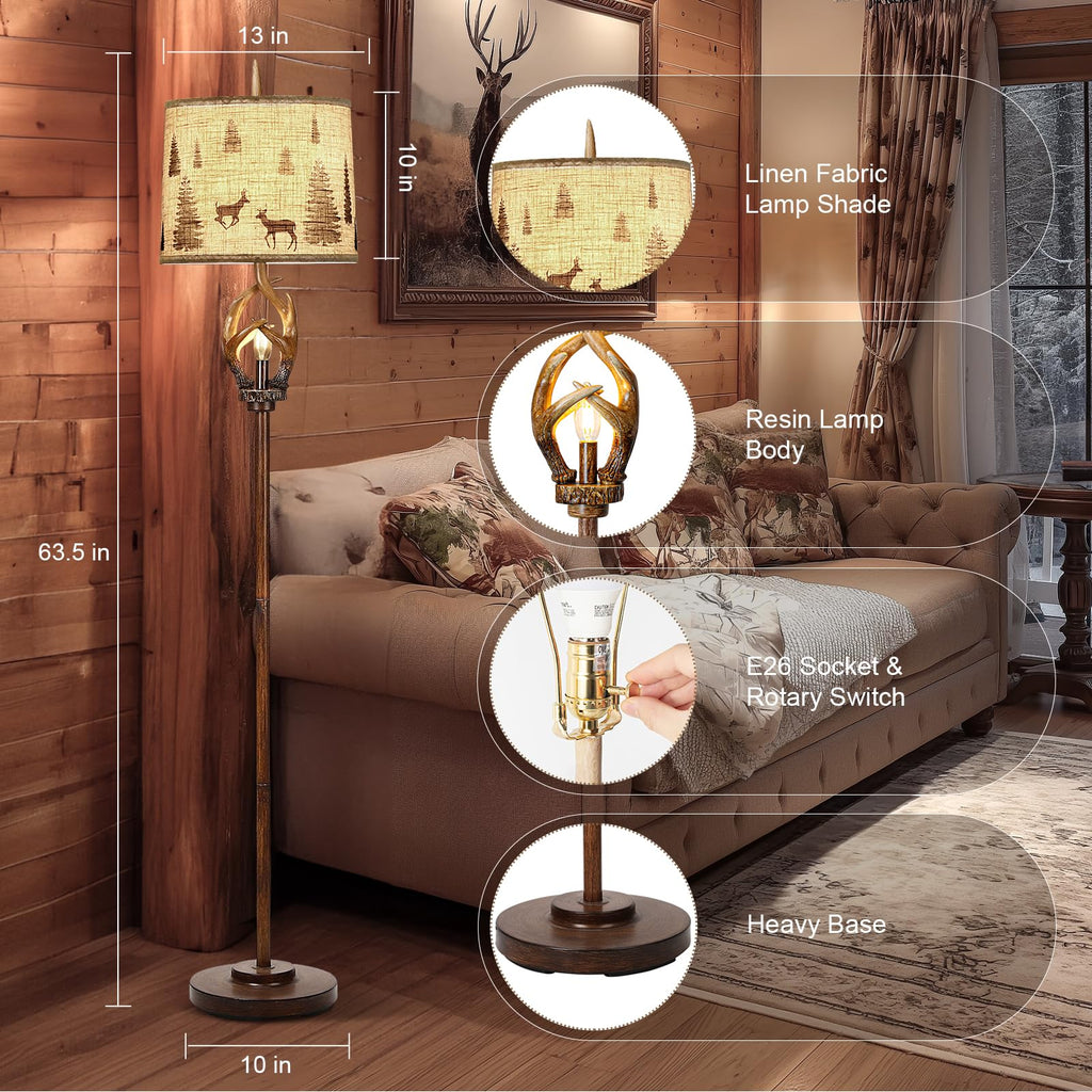 Rustic Antlers Floor Lamp with Night Light, Brown Finish