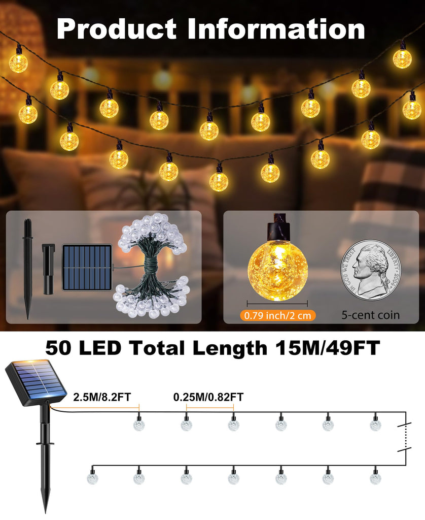 2 Pack Solar String Lights Outdoor, Total 98FT 100 LED Crystal Globe