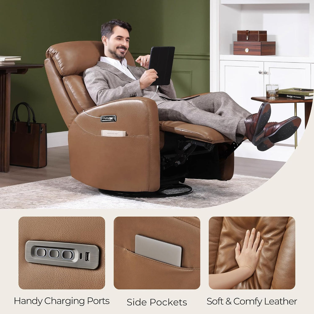 Leather Power Swivel Recliner Chair for Adults, Triple Motor Electric Rocker Recliner with Adjustable Headrest and