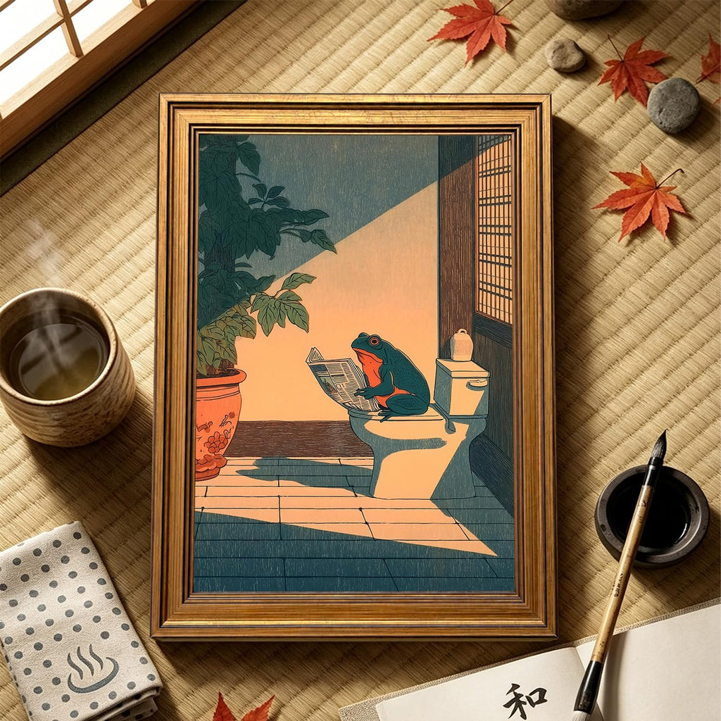 Vintage Gold Framed Bathroom Wall Art, Funny Japanese Frog Reading Newspaper on Toilet Pictures Wall Decor, Whimsical