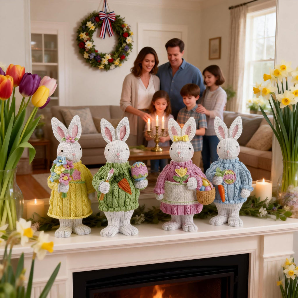 Easter Decorations Bunny Table Decor Rabbit Figurine - Knitted Texture Resin Rabbit Figurine with Flower Bouquet