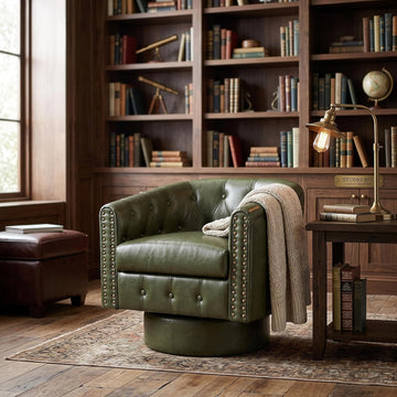 Swivel Barrel Accent Chair, 360° Leather Armchair with Rivets