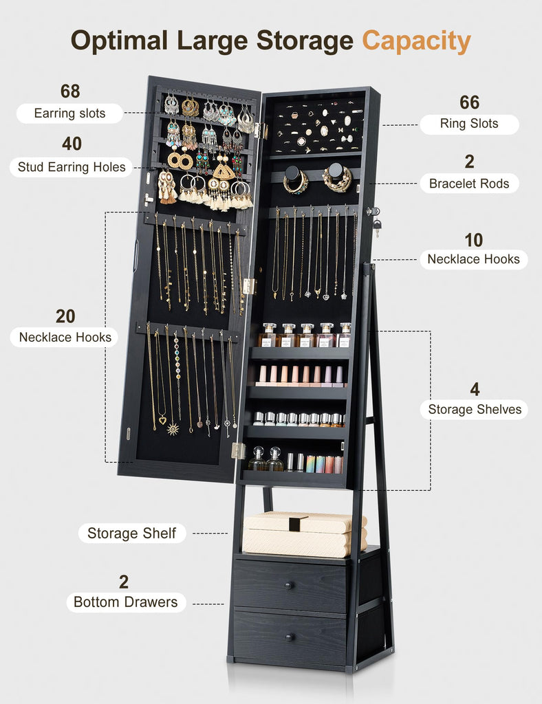 Jewelry Cabinet Armoire, 2 Drawers, Full Length Mirror, Black